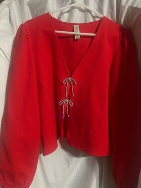 Anthropologie Dolan Left Coast Red Bow Front Cardigan Rhinestone Tie Top